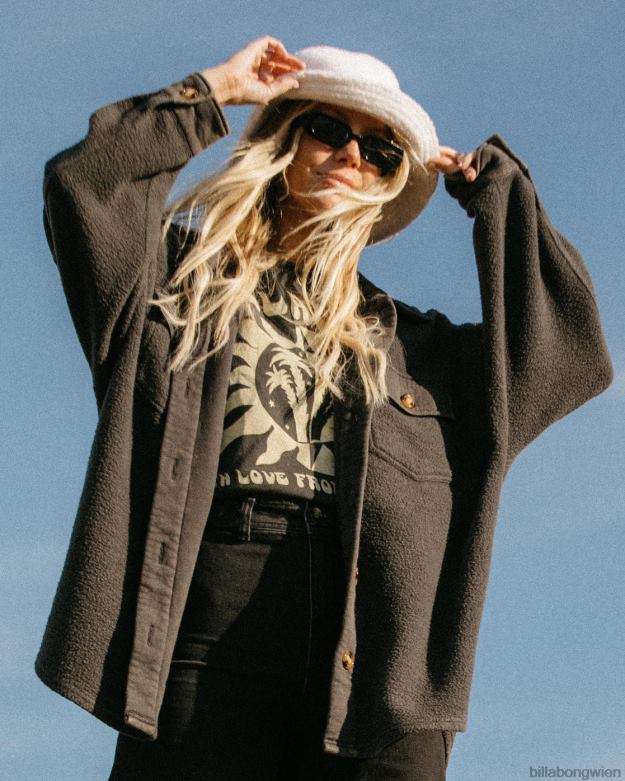Billabong Clothing 00V682095 | Billabong Anytime-Shacket-Oversize-Jacke mit durchgehender Knopfleiste aus schwarz Frauen
