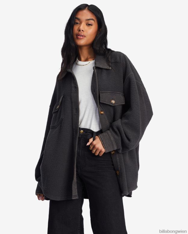 Billabong Clothing 00V682095 | Billabong Anytime-Shacket-Oversize-Jacke mit durchgehender Knopfleiste aus schwarz Frauen