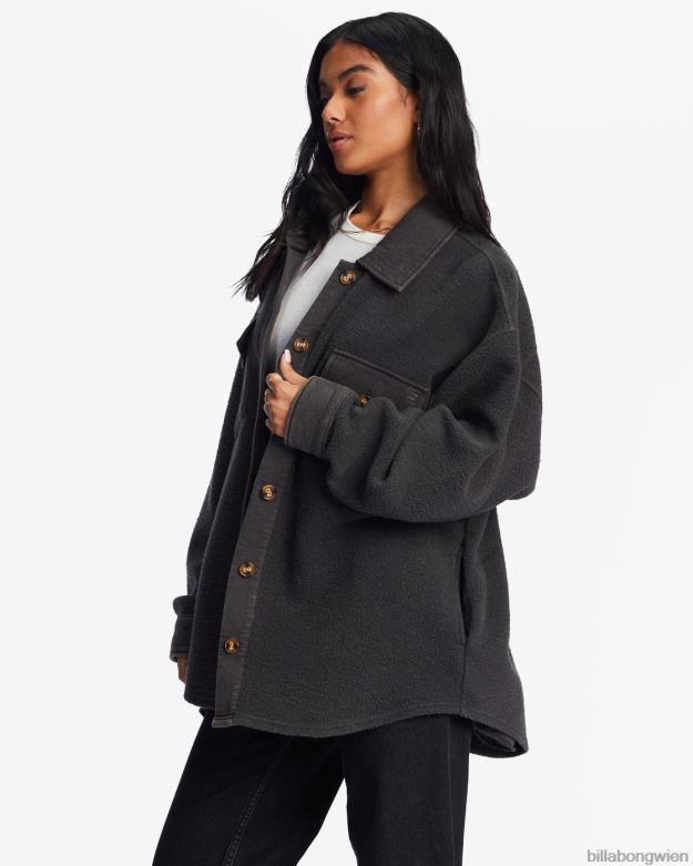 Billabong Clothing 00V682095 | Billabong Anytime-Shacket-Oversize-Jacke mit durchgehender Knopfleiste aus schwarz Frauen