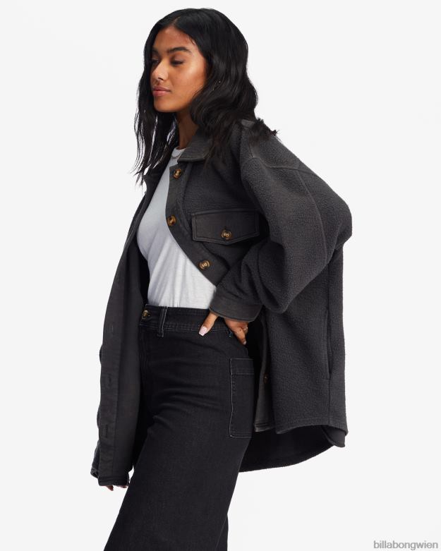 Billabong Clothing 00V682095 | Billabong Anytime-Shacket-Oversize-Jacke mit durchgehender Knopfleiste aus schwarz Frauen