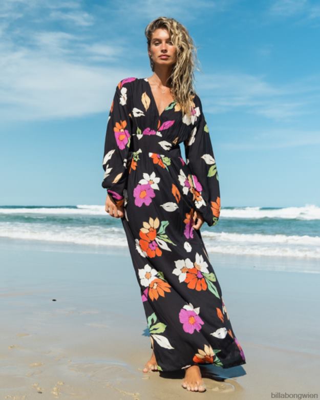 Billabong Clothing 00V682093 | Billabong Langärmliges Maxikleid von Night Bloom schwarzer Kieselstein Frauen