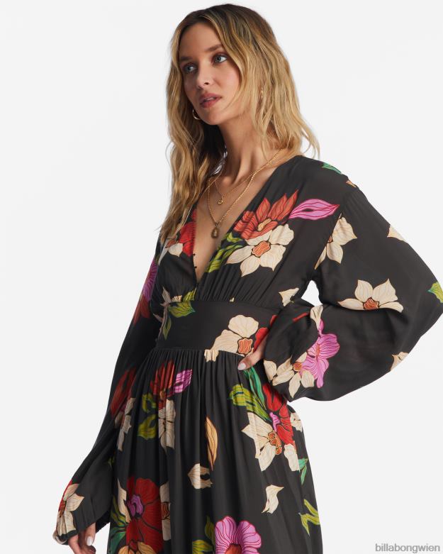 Billabong Clothing 00V682093 | Billabong Langärmliges Maxikleid von Night Bloom schwarzer Kieselstein Frauen